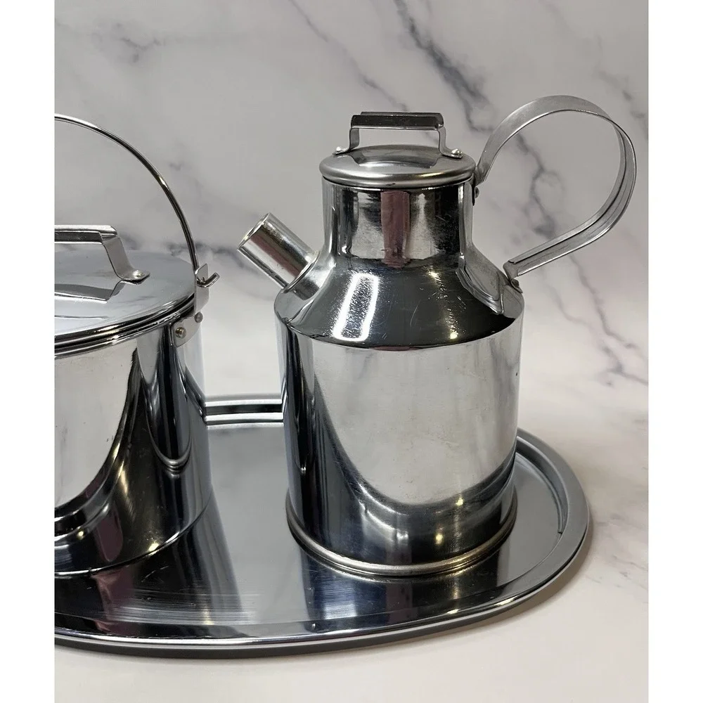 Vintage Japan Stainless Mini Set w/Tray Milk Jug Creamer & Milk Bucket Sugar